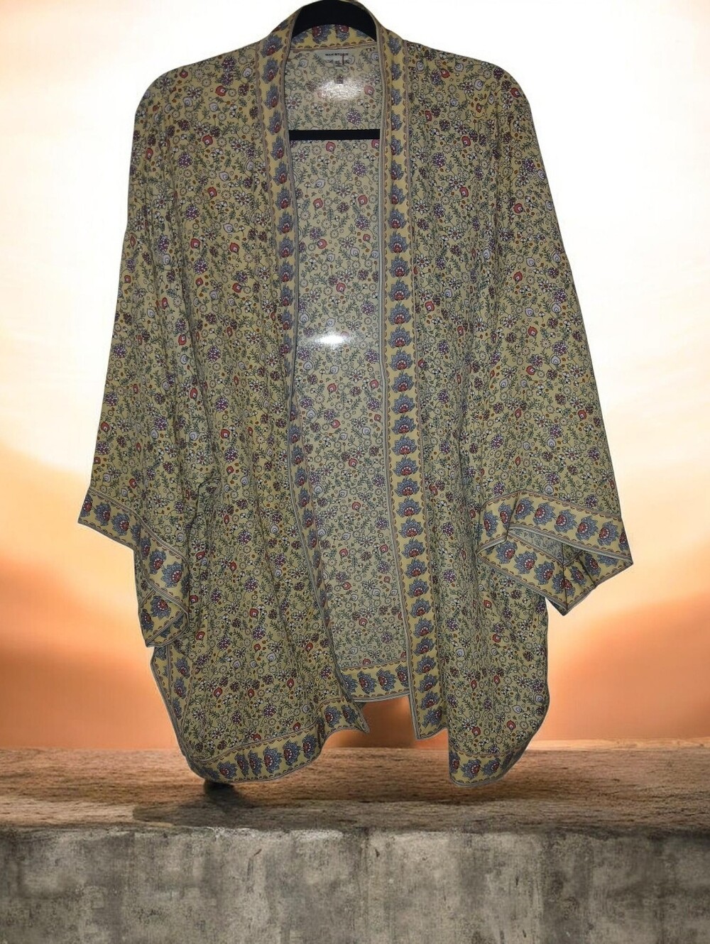Max Studio Yellow Floral Open-Front Kimono with Blue Trim